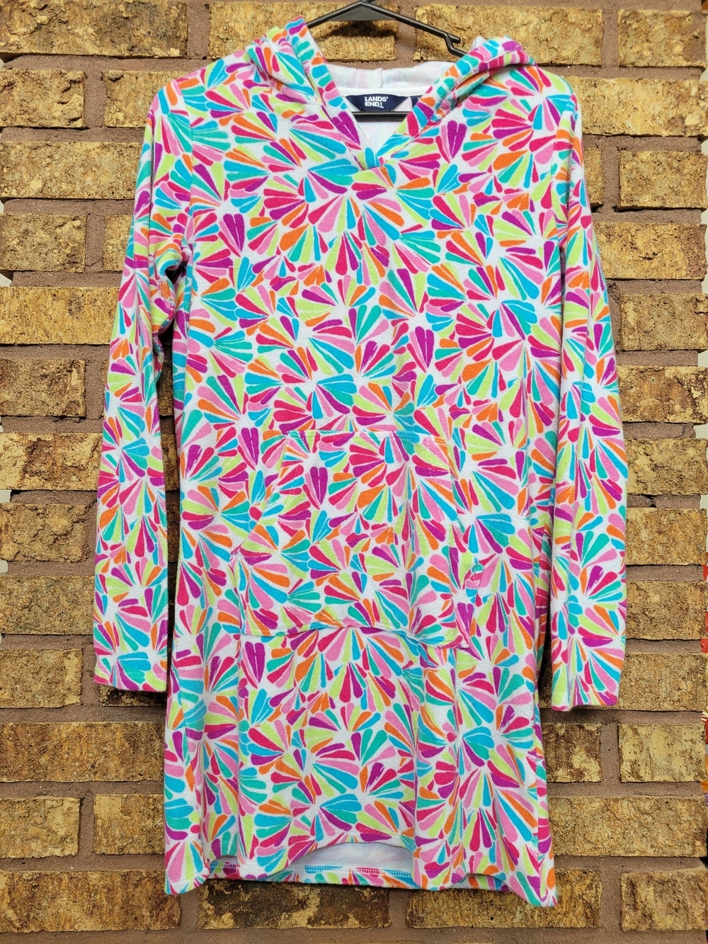 Lands' End Girls Hooded Swim Cover Up Beach Summer Colorful Print Size XL 14/16
